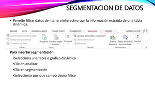 SEGMENTACION DE DATOS
• Permite filtrar datos de manera interactiva con la información extraída de una tabla
dinámica.
Para insertar segmentación :
•Selecciona una tabla o grafico dinámico
•Clic en analizar
•Clic en segmentación
•Seleccionar por que campo desea filtrar
 
