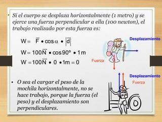 • Si el cuerpo se desplaza horizontalmente (1 metro) y se
ejerce una fuerza perpendicular a ella (100 newton), el
trabajo realizado por esta fuerza es:
W F cos d
W 100N cos90º 1m
W 100N 0 1m 0
   
  
   
• O sea el cargar el peso de la
mochila horizontalmente, no se
hace trabajo, porque la fuerza (el
peso) y el desplazamiento son
perpendiculares.
Fuerza
Desplazamiento
Fuerza
Desplazamiento
 