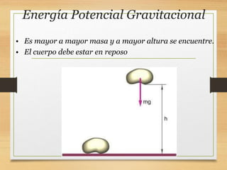 Energía Potencial Gravitacional
• Es mayor a mayor masa y a mayor altura se encuentre.
• El cuerpo debe estar en reposo
 