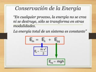 Conservación de la Energía
“En cualquier proceso, la energía no se crea
ni se destruye, sólo se transforma en otras
modalidades.
La energía total de un sistema es constante”
m c pg
E E E
 
2
c
m v
E
2

pg
E mgh

 