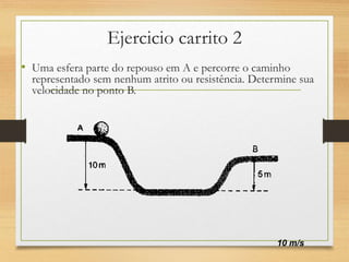 Ejercicio carrito 2
• Uma esfera parte do repouso em A e percorre o caminho
representado sem nenhum atrito ou resistência. Determine sua
velocidade no ponto B.
10 m/s
 