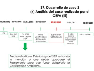 37. Desarrollo de caso 2
(x) Análisis del caso realizado por el
OEFA (iii)
Inicia
Construcción
de línea de
transmisión
Supervisión
OSINERGMIN
El MEM
declara
improcedente
la aprobación
el EIA
solicitado.
Inicio del PAS
21/08/2009 23/11/2010 26/01/2011 18/11/2011
LCE
19/11/1992
Ley del
SEIA
DL. 1078
mod. Ley del
SEIA
28/06/2008
23/04/2001
Precisó el artículo 3°de la Ley del SEIA retirando
la mención a que debía aprobarse el
Reglamento para que fuese obligatoria la
Certificación Ambiental.
 
