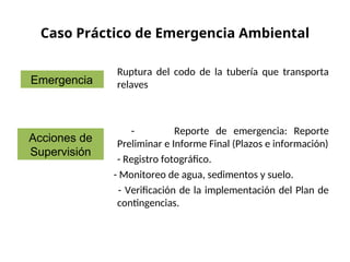 Caso Práctico de Emergencia Ambiental
Ruptura del codo de la tubería que transporta
relaves
- Reporte de emergencia: Reporte
Preliminar e Informe Final (Plazos e información)
- Registro fotográfico.
- Monitoreo de agua, sedimentos y suelo.
- Verificación de la implementación del Plan de
contingencias.
Emergencia
Acciones de
Supervisión
 