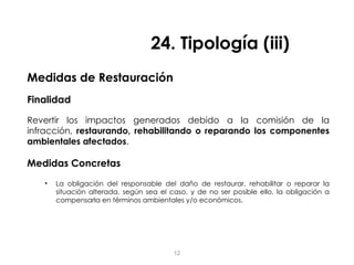 Medidas de Restauración
Finalidad
Revertir los impactos generados debido a la comisión de la
infracción, restaurando, rehabilitando o reparando los componentes
ambientales afectados.
Medidas Concretas
• La obligación del responsable del daño de restaurar, rehabilitar o reparar la
situación alterada, según sea el caso, y de no ser posible ello, la obligación a
compensarla en términos ambientales y/o económicos.
24. Tipología (iii)
12
 