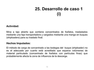 Actividad:
Mina a tajo abierto que contiene concentrados de fosfatos, trasladados
mediante una faja transportadora y cargados mediante una manga en buques
(shiploaders) para su traslado final.
Hechos Imputados:
El método de carga de concentrado a las bodegas del buque (shiploader) no
es el adecuado por cuanto está acreditado que esparce volúmenes de
material particulado (concentrado de fosfatos con partículas finas) que
probablemente afecta la zona de influencia de la descarga.
25. Desarrollo de caso 1
(i)
13
 