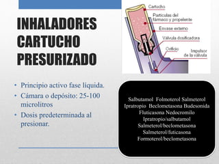 INHALADORES
CARTUCHO
PRESURIZADO
• Principio activo fase líquida.
• Cámara o depósito: 25-100
microlitros
• Dosis predeterminada al
presionar.
Salbutamol Folmoterol Salmeterol
Ipratropio Beclometasona Budesonida
Fluticasona Nedocromilo
Ipratropio/salbutamol
Salmeterol/beclometasona
Salmeterol/futicasona
Formoterol/beclometasona
 