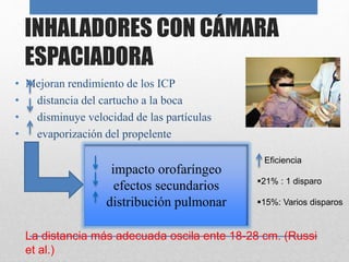 INHALADORES CON CÁMARA
ESPACIADORA
• Mejoran rendimiento de los ICP
• distancia del cartucho a la boca
• disminuye velocidad de las partículas
• evaporización del propelente
impacto orofaríngeo
efectos secundarios
distribución pulmonar
La distancia más adecuada oscila ente 18-28 cm. (Russi
et al.)
Eficiencia
21% : 1 disparo
15%: Varios disparos
 