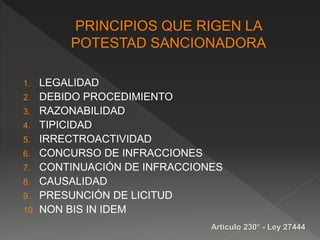 1. LEGALIDAD 
2. DEBIDO PROCEDIMIENTO 
3. RAZONABILIDAD 
4. TIPICIDAD 
5. IRRECTROACTIVIDAD 
6. CONCURSO DE INFRACCIONES 
7. CONTINUACIÓN DE INFRACCIONES 
8. CAUSALIDAD 
9. PRESUNCIÓN DE LICITUD 
10. NON BIS IN IDEM 
Artículo 230° - Ley 27444 
 