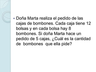  Doña Marta realiza el pedido de las
cajas de bombones. Cada caja tiene 12
bolsas y en cada bolsa hay 8
bombones. Si doña Marta hace un
pedido de 5 cajas, ¿Cuál es la cantidad
de bombones que ella pide?
 