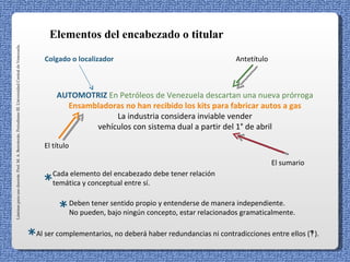 Elementos del encabezado o titular
Láminas para uso docente. Prof. M. A. Berroterán. Periodismo III. Universidad Central de Venezuela.




                                                                                                          Colgado o localizador                                         Antetítulo



                                                                                                               AUTOMOTRIZ En Petróleos de Venezuela descartan una nueva prórroga
                                                                                                                 Ensambladoras no han recibido los kits para fabricar autos a gas
                                                                                                                            La industria considera inviable vender
                                                                                                                       vehículos con sistema dual a partir del 1° de abril

                                                                                                          El título

                                                                                                                                                                                     El sumario
                                                                                                             Cada elemento del encabezado debe tener relación
                                                                                                           * temática y conceptual entre sí.


                                                                                                               *      Deben tener sentido propio y entenderse de manera independiente.
                                                                                                                      No pueden, bajo ningún concepto, estar relacionados gramaticalmente.


                                                                                                      *Al ser complementarios, no deberá haber redundancias ni contradicciones entre ellos (‽).
 