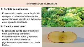 EFECTOS NEGATIVOS DEL ESCALDADO:
1.- Pérdida de nutrientes:
• El escaldado puede causar la pérdida
de algunos nutrientes hidrosolubles,
como vitaminas, debido a la lixiviación
en el agua de escaldado.
2.- Cambios en el color:
• El escaldado puede causar cambios
en el color de los alimentos,
especialmente en frutas y verduras,
debido a la alteración de los
pigmentos o a reacciones como la de
Maillard.
 