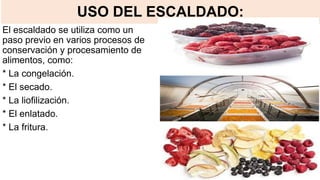 USO DEL ESCALDADO:
El escaldado se utiliza como un
paso previo en varios procesos de
conservación y procesamiento de
alimentos, como:
* La congelación.
* El secado.
* La liofilización.
* El enlatado.
* La fritura.
 