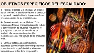 OBJETIVOS ESPECÍFICOS DEL ESCALDADO:
3.- Facilitar el pelado y la limpieza: En el caso
de los tomates, el escaldado facilita el pelado, y
en general, puede facilitar la limpieza de frutas
y verduras antes de su procesamiento.
4.- Prevenir reacciones de Maillard: En la
industria de frituras, el escaldado puede reducir
la concentración de azúcares reductores, lo
que ayuda a controlar las reacciones de
Maillard y la formación de acrilamida,
mejorando el color y la textura de los productos
fritos.
5.- Eliminar patógenos superficiales: El
escaldado puede ayudar a eliminar patógenos
presentes en la superficie de los alimentos,
especialmente antes de la congelación.
 