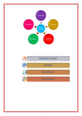 REDES
SOCIALES
COMPARTIR
PUBLICAR
MUNDOS
VIRTUALES
MICROBLOG
DISCUSION
POWER POINT
WORD
INTERNET
WINDOWS
 