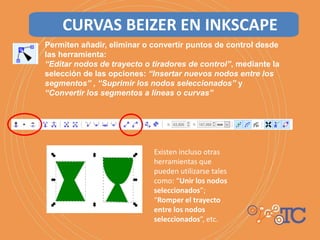 Permiten añadir, eliminar o convertir puntos de control desde
las herramienta:
“Editar nodos de trayecto o tiradores de control”, mediante la
selección de las opciones: “Insertar nuevos nodos entre los
segmentos” , “Suprimir los nodos seleccionados” y
“Convertir los segmentos a líneas o curvas”
Existen incluso otras
herramientas que
pueden utilizarse tales
como: “Unir los nodos
seleccionados”;
“Romper el trayecto
entre los nodos
seleccionados”, etc.
CURVAS BEIZER EN INKSCAPE
 