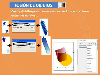 Crea y distribuye de manera uniforme formas o colores
entre dos objetos…
FUSIÓN DE OBJETOS
 
