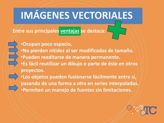 Entre sus principales ventajas se destaca:
•Ocupan poco espacio.
•No pierden nitidez al ser modificadas de tamaño.
•Pueden reeditarse de manera permanente.
•Es fácil reutilizar un dibujo o parte de éste en otros
proyectos.
•Los objetos pueden fusionarse fácilmente entre sí,
pasando de una forma a otra en series interpoladas.
•Permiten un manejo de fuentes sin limitaciones.
IMÁGENES VECTORIALES
 