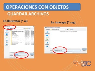 GUARDAR ARCHIVOS
En Illustrator (*.ai) En Inskcape (*.svg)
OPERACIONES CON OBJETOS
 