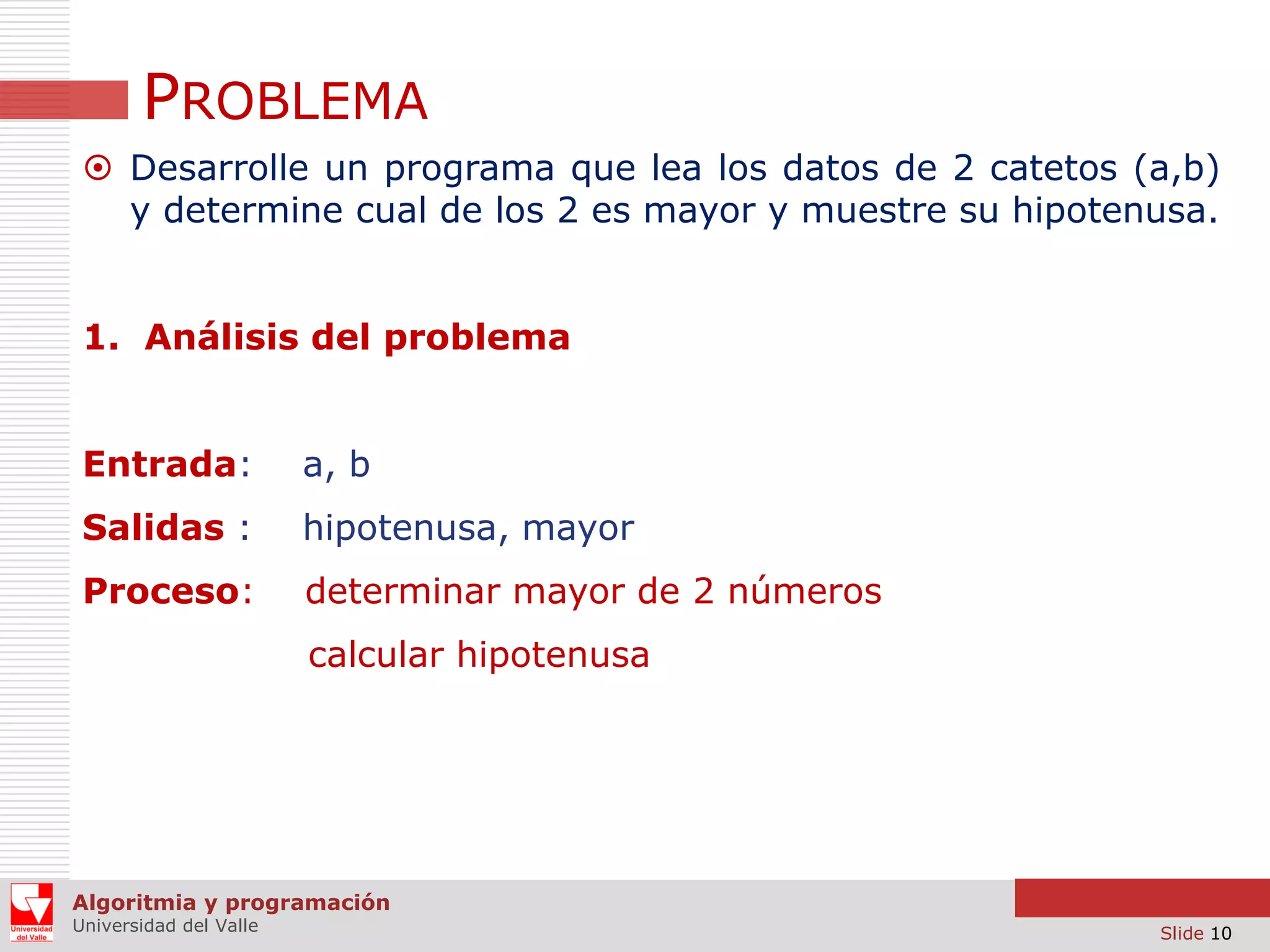 PROBLEMA
 Desarrolle un programa que lea los datos de 2 catetos (a,b)
y determine cual de los 2 es mayor y muestre su hipotenusa.
1. Análisis del problema
Entrada:

a, b

Salidas :

hipotenusa, mayor

Proceso:

determinar mayor de 2 números
calcular hipotenusa

Algoritmia y programación
Universidad del Valle

Slide 10

 