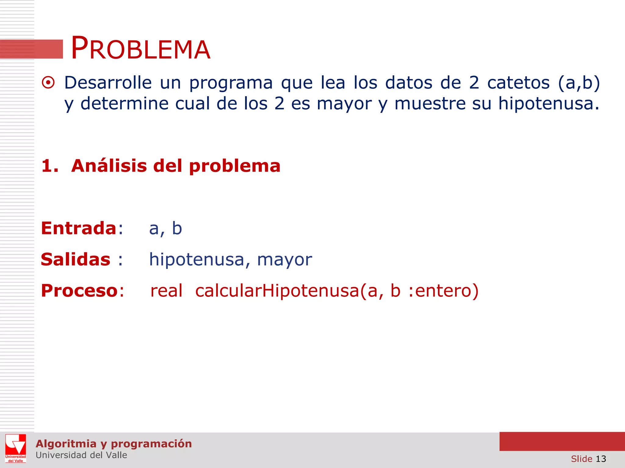 PROBLEMA
 Desarrolle un programa que lea los datos de 2 catetos (a,b)
y determine cual de los 2 es mayor y muestre su hipotenusa.
1. Análisis del problema
Entrada:

a, b

Salidas :

hipotenusa, mayor

Proceso:

real calcularHipotenusa(a, b :entero)

Algoritmia y programación
Universidad del Valle

Slide 13

 
