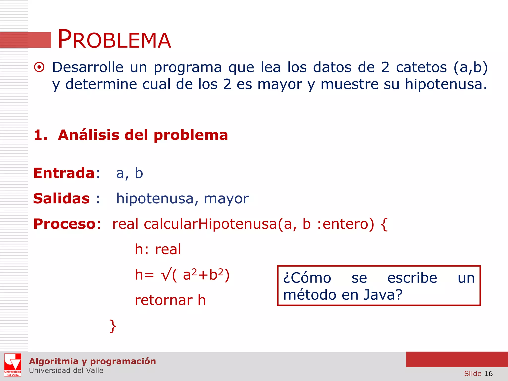 PROBLEMA
 Desarrolle un programa que lea los datos de 2 catetos (a,b)
y determine cual de los 2 es mayor y muestre su hipotenusa.
1. Análisis del problema
Entrada:

a, b

Salidas :

hipotenusa, mayor

Proceso: real calcularHipotenusa(a, b :entero) {
h: real

h= √( a2+b2)
retornar h

¿Cómo se escribe
método en Java?

un

}
Algoritmia y programación
Universidad del Valle

Slide 16

 