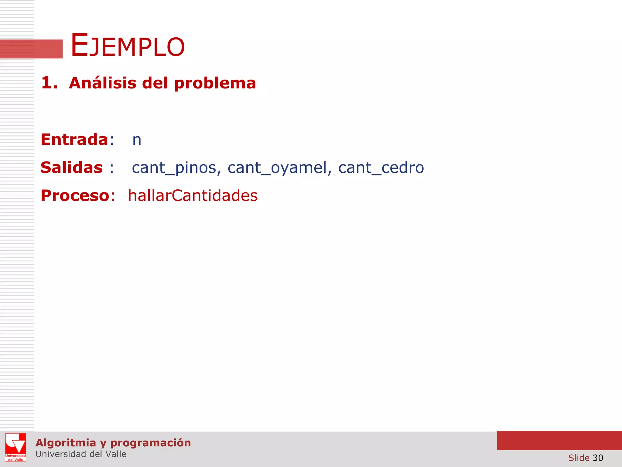 EJEMPLO
1. Análisis del problema
Entrada:

n

Salidas :

cant_pinos, cant_oyamel, cant_cedro

Proceso: hallarCantidades

Algoritmia y programación
Universidad del Valle

Slide 30

 