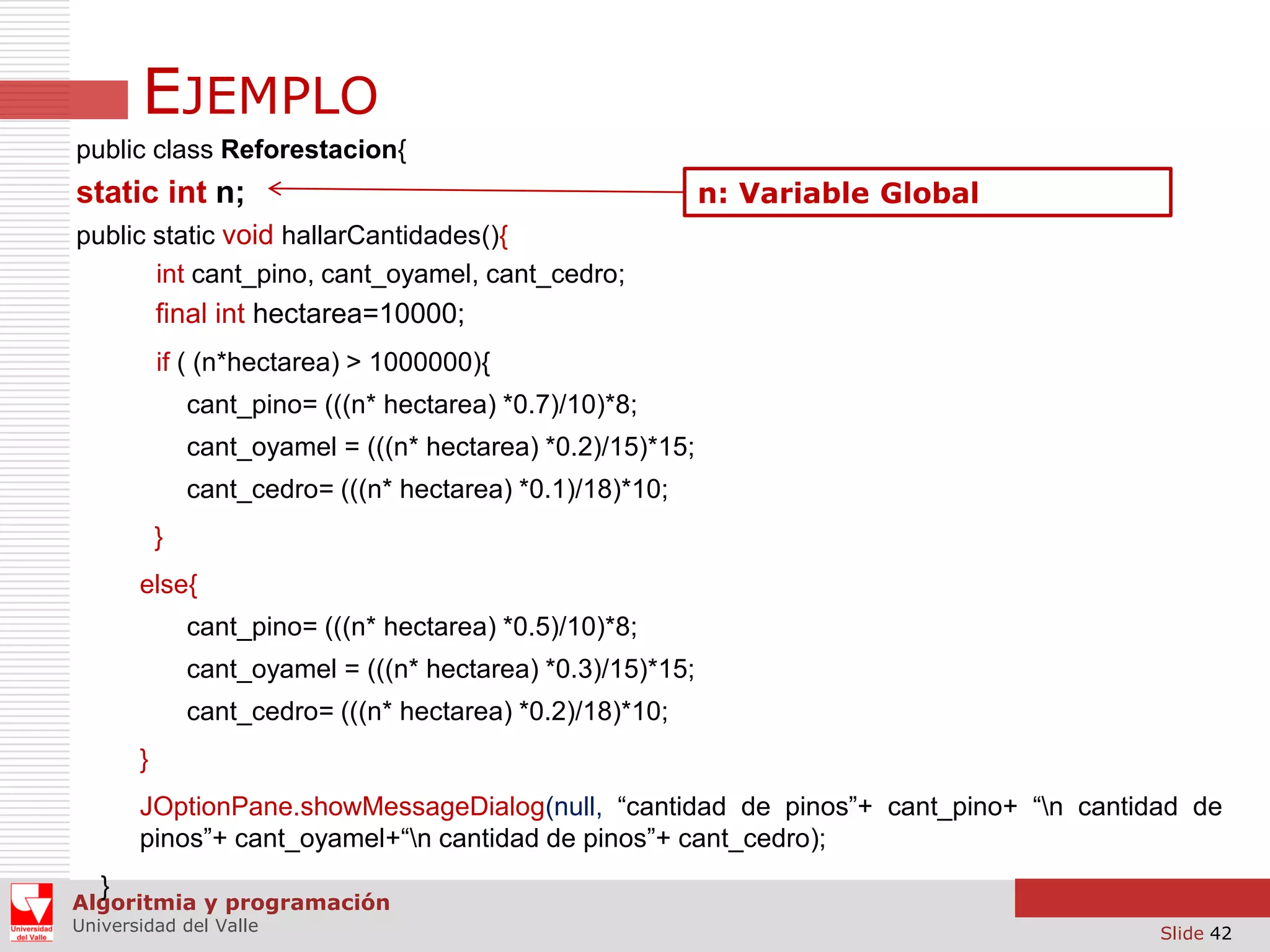 EJEMPLO
public class Reforestacion{

static int n;

n: Variable Global

public static void hallarCantidades(){
int cant_pino, cant_oyamel, cant_cedro;

final int hectarea=10000;
if ( (n*hectarea) > 1000000){
cant_pino= (((n* hectarea) *0.7)/10)*8;
cant_oyamel = (((n* hectarea) *0.2)/15)*15;

cant_cedro= (((n* hectarea) *0.1)/18)*10;
}
else{
cant_pino= (((n* hectarea) *0.5)/10)*8;

cant_oyamel = (((n* hectarea) *0.3)/15)*15;
cant_cedro= (((n* hectarea) *0.2)/18)*10;
}
JOptionPane.showMessageDialog(null, “cantidad de pinos”+ cant_pino+ “n cantidad de
pinos”+ cant_oyamel+“n cantidad de pinos”+ cant_cedro);

}

Algoritmia y programación
Universidad del Valle

Slide 42

 