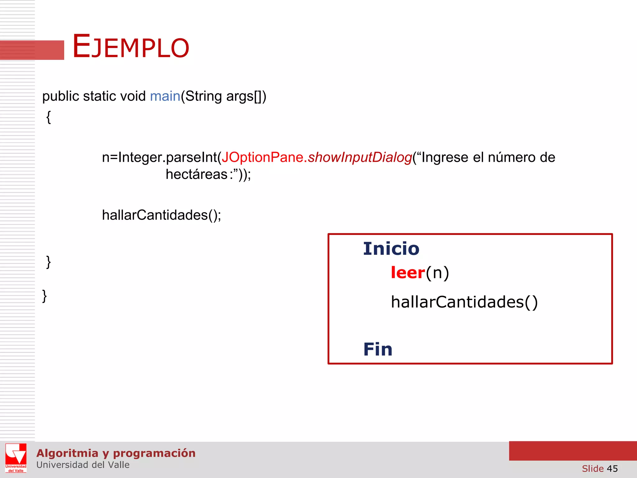 EJEMPLO
public static void main(String args[])
{
n=Integer.parseInt(JOptionPane.showInputDialog(“Ingrese el número de
hectáreas :”));
hallarCantidades();
}
}

Inicio
leer(n)

hallarCantidades()

Fin

Algoritmia y programación
Universidad del Valle

Slide 45

 