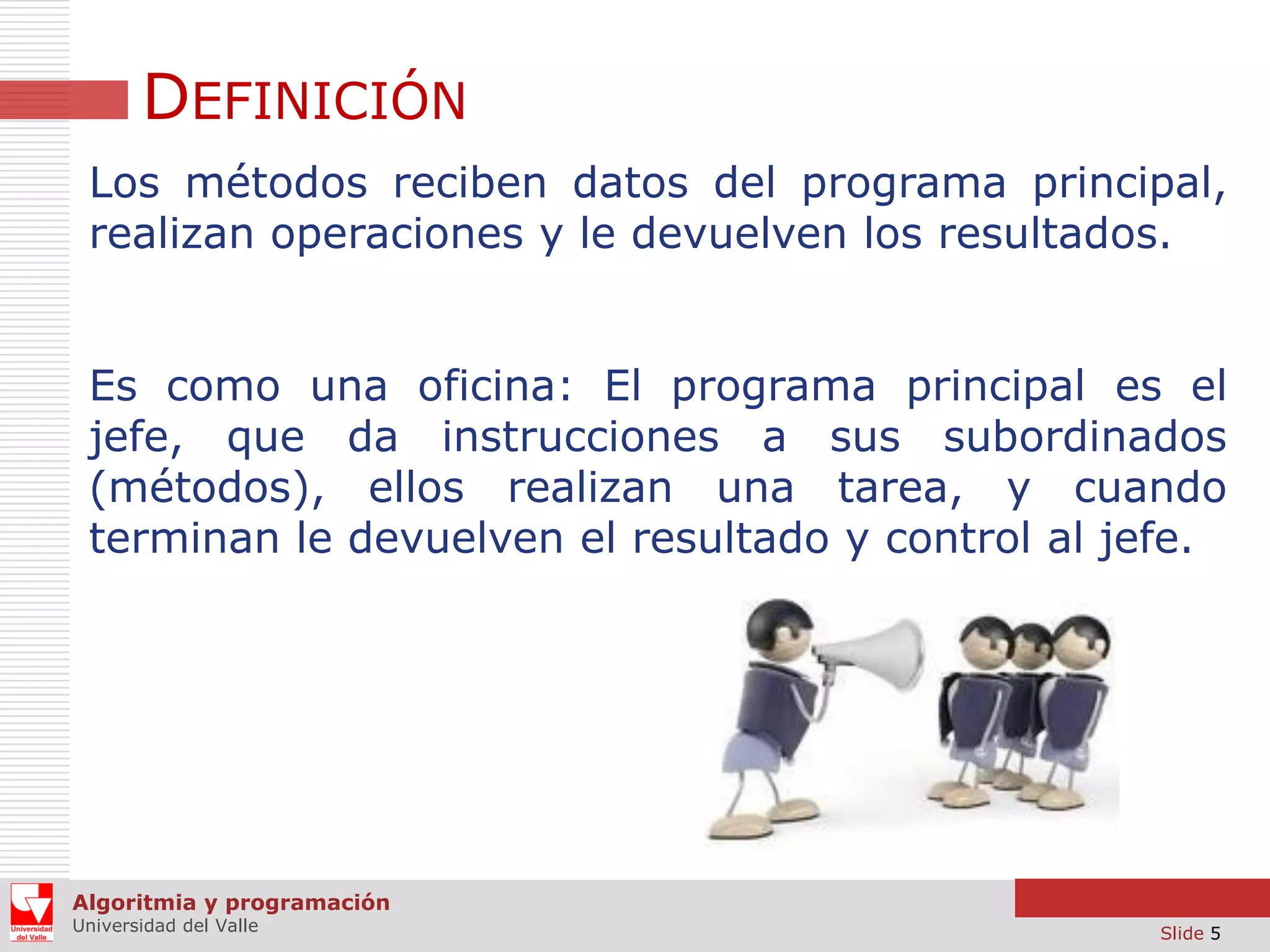 DEFINICIÓN
Los métodos reciben datos del programa principal,
realizan operaciones y le devuelven los resultados.
Es como una oficina: El programa principal es el
jefe, que da instrucciones a sus subordinados
(métodos), ellos realizan una tarea, y cuando
terminan le devuelven el resultado y control al jefe.

Algoritmia y programación
Universidad del Valle

Slide 5

 