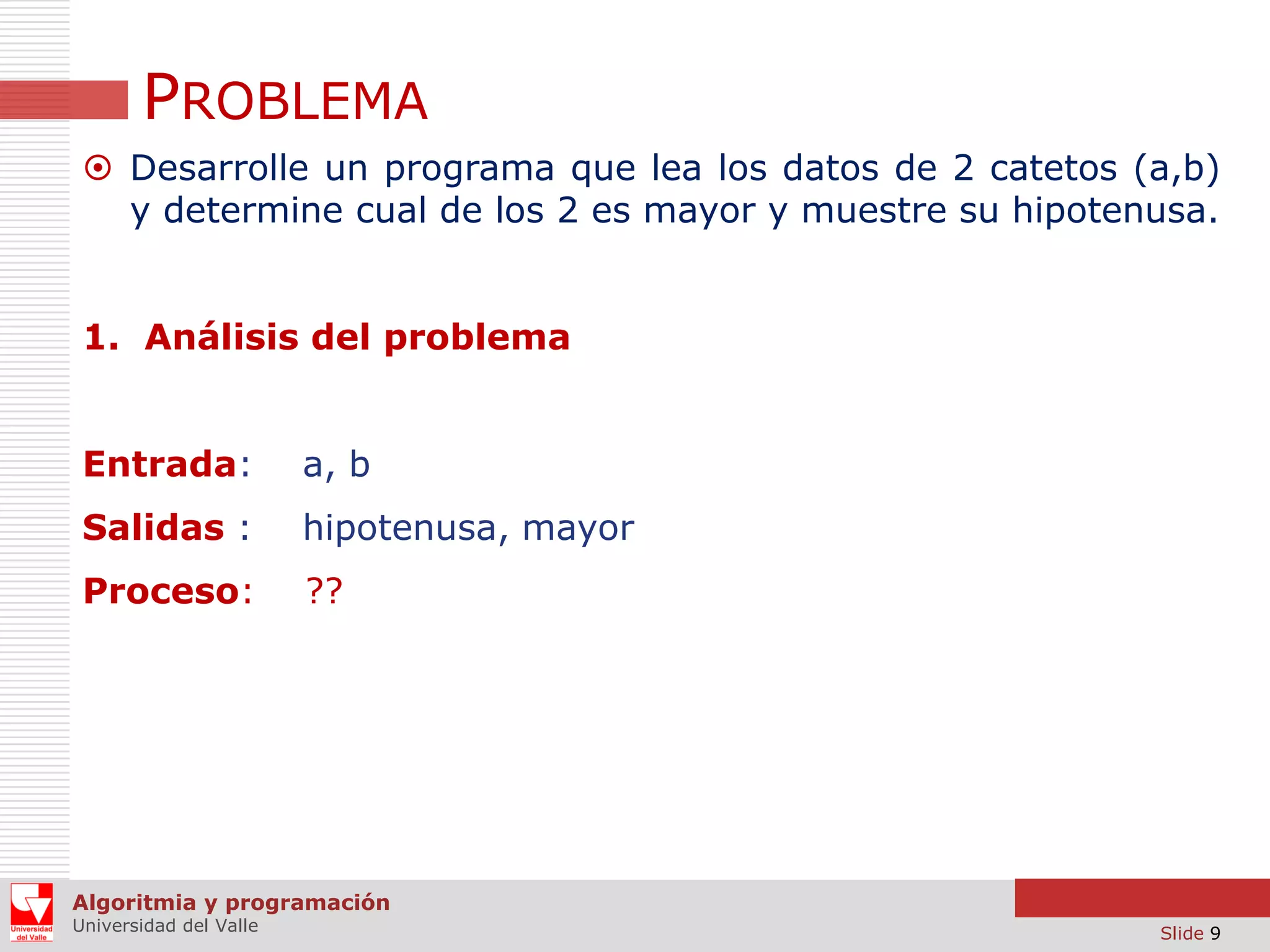 PROBLEMA
 Desarrolle un programa que lea los datos de 2 catetos (a,b)
y determine cual de los 2 es mayor y muestre su hipotenusa.
1. Análisis del problema
Entrada:

a, b

Salidas :

hipotenusa, mayor

Proceso:

??

Algoritmia y programación
Universidad del Valle

Slide 9

 