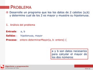 PROBLEMA
 Desarrolle un programa que lea los datos de 2 catetos (a,b)
y determine cual de los 2 es mayor y muestre su hipotenusa.
1. Análisis del problema
Entrada:

a, b

Salidas :

hipotenusa, mayor

Proceso:

entero determinarMayor(a, b :entero) {

a y b son datos necesarios
para calcular el mayor de
los dos números

Algoritmia y programación
Universidad del Valle

Slide 11

 