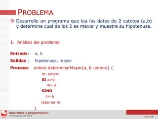 PROBLEMA
 Desarrolle un programa que lea los datos de 2 catetos (a,b)
y determine cual de los 2 es mayor y muestre su hipotenusa.
1. Análisis del problema
Entrada:

a, b

Salidas :

hipotenusa, mayor

Proceso:

entero determinarMayor(a, b :entero) {
m: entero
SI a>b
m= a
SINO
m=b
retornar m

}
Algoritmia y programación
Universidad del Valle

Slide 12

 