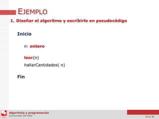 EJEMPLO
1. Diseñar el algoritmo y escribirlo en pseudocódigo

Inicio
n: entero

leer(n)
hallarCantidades( n)

Fin

Algoritmia y programación
Universidad del Valle

Slide 31

 