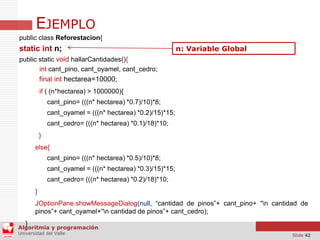 EJEMPLO
public class Reforestacion{

static int n;

n: Variable Global

public static void hallarCantidades(){
int cant_pino, cant_oyamel, cant_cedro;

final int hectarea=10000;
if ( (n*hectarea) > 1000000){
cant_pino= (((n* hectarea) *0.7)/10)*8;
cant_oyamel = (((n* hectarea) *0.2)/15)*15;

cant_cedro= (((n* hectarea) *0.1)/18)*10;
}
else{
cant_pino= (((n* hectarea) *0.5)/10)*8;

cant_oyamel = (((n* hectarea) *0.3)/15)*15;
cant_cedro= (((n* hectarea) *0.2)/18)*10;
}
JOptionPane.showMessageDialog(null, “cantidad de pinos”+ cant_pino+ “n cantidad de
pinos”+ cant_oyamel+“n cantidad de pinos”+ cant_cedro);

}

Algoritmia y programación
Universidad del Valle

Slide 42

 