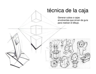 técnica de la caja
    Generar cubos o cajas
    envolventes que sirven de guía
    para realizar el dibujo.
 