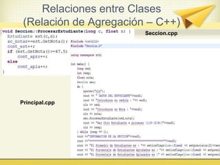 Relaciones entre Clases
(Relación de Agregación – C++)
Seccion.cpp
Principal.cpp
 