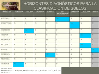 HORIZONTES DIAGNÓSTICOS PARA LA
                              CLASIFICACIÓN DE SUELOS
 ORDENES       OCHRICO      MOLICO      UMBRICO      HISTICO       SIN      CAMBICO   ARGILICO   OXICO
                                                                ENDOPEDON

ENTISOL        Fr          X           X            X           Ne          X         X          X

INCEPTISOL     Fr          R           Fr           R           X           Ne        X          X



MOLLISOL       X           Ne          X            R           P           P         P          X

ALFISOL        Fr          R           R            X           X           X         Ne         X

SPODOSOL       R           R           Fr           Fr          X           X         R          X

ULTISOL        P           P           P            R           X           X         Ne         X

OXISOL         P           X           P            P           X           X         R          Ne

HISTOSOL       X           X           X            Ne          X           R         R          R

VERTISOL       Fr          P           P            X           X           P         X          X

ARIDISOL       Ne          X           X            X           P           P         P          X

SIGNIFICADO:
FR: FRECUENTE, R: RARO , NE: INDISPENSABLE , X: INEXISTENTE , P: POCO
PROBABLE
 