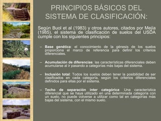 PRINCIPIOS BÁSICOS DEL
   SISTEMA DE CLASIFICACIÓN:
Según Buol et al (1983) y otros autores, citados por Mejía
(1985), el sistema de clasificación de suelos del USDA
cumple con los siguientes principios:

– Base genética: el conocimiento de la génesis de los suelos
  proporciona el marco de referencia para definir los criterios
  diferenciales.

– Acumulación de diferencias: las características diferenciales deben
  acumularse al ir pasando a categorías más bajas del sistema.

– Inclusión total: Todos los suelos deben tener la posibilidad de ser
  clasificados en cada categoría, según los criterios diferenciales
  definidos para ellas por el sistema.

– Techo de separación inter categórica: Una característica
  diferencial que se haya utilizado en una determinada categoría con
  un suelo, no puede volverse a utilizar como tal en categorías más
  bajas del sistema, con el mismo suelo.
 