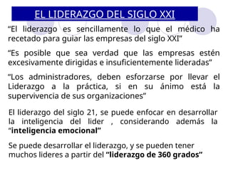 EL LIDERAZGO DEL SIGLO XXI
“El liderazgo es sencillamente lo que el médico ha
recetado para guiar las empresas del siglo XXI”
“Es posible que sea verdad que las empresas estén
excesivamente dirigidas e insuficientemente lideradas”
“Los administradores, deben esforzarse por llevar el
Liderazgo a la práctica, si en su ánimo está la
supervivencia de sus organizaciones”
El liderazgo del siglo 21, se puede enfocar en desarrollar
la inteligencia del lider , considerando además la
“inteligencia emocional”
Se puede desarrollar el liderazgo, y se pueden tener
muchos lideres a partir del “liderazgo de 360 grados”
 