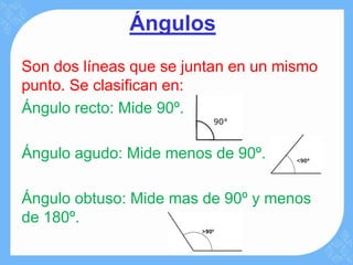 Ángulos
Son dos líneas que se juntan en un mismo
punto. Se clasifican en:
Ángulo recto: Mide 90º.

Ángulo agudo: Mide menos de 90º.

Ángulo obtuso: Mide mas de 90º y menos
de 180º.
 