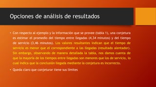 Opciones de análisis de resultados
• Con respecto al ejemplo y la información que se provee (tabla 1), una conjetura
es estimar el promedio del tiempo entre llegadas (4,34 minutos) y del tiempo
de servicio (3,46 minutos). Los valores resultantes indican que el tiempo de
servicio es menor que el correspondiente a las llegadas (resultado alentador).
Sin embargo, observando de manera detallada la tabla, nos damos cuenta de
que la mayoría de los tiempos entre llegadas son menores que los de servicio, lo
cual indica que la conclusión llegada mediante la conjetura es incorrecto.
• Queda claro que conjeturar tiene sus límites
 
