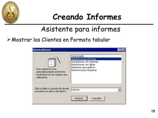 Creando Informes Mostrar los Clientes en Formato tabular Asistente para informes 