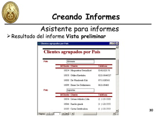 Creando Informes Resultado del informe  Vista preliminar Asistente para informes 