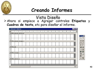 Creando Informes Ahora si empiece a Agregar controles  Etiquetas  y  Cuadros de texto , etc para diseñar el informe. Vista Diseño 