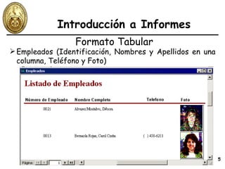 Introducción a Informes Formato Tabular Empleados (Identificación, Nombres y Apellidos en una columna, Teléfono y Foto) 