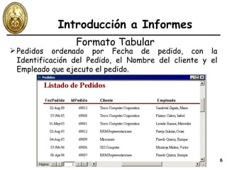 Introducción a Informes Formato Tabular Pedidos ordenado por Fecha de pedido, con la Identificación del Pedido, el Nombre del cliente y el Empleado que ejecuto el pedido. 