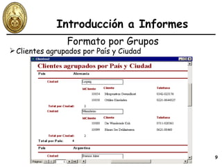 Introducción a Informes Formato por Grupos Clientes agrupados por País y Ciudad 