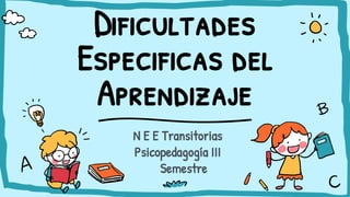 Dificultades
Especificas del
Aprendizaje
N E E Transitorias
Psicopedagogía III
Semestre
 