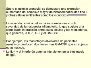 Sobre el epitelio bronquial se demuestra una expresión aumentada del complejo mayor de histocompatibilidad tipo II y otras células infiltrantes como los monocitos.  La severidad clínica del asma se correlaciona con la severidad de la respuesta inflamatoria, lo que sugiere una complicada interacción entre estas células y los mediadores, que generan, la IL-3, IL-5 y el GM-CSF.  Por ejemplo, los macrófagos alveolares de pacientes asmáticos producen dos veces más GM-CSF que en sujetos no asmáticos.  La IL-4 y el Interferón gamma intervienen en la biosíntesis de IgE. 