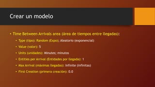 Crear un modelo
• Time Between Arrivals area (área de tiempos entre llegadas):
• Type (tipo): Random (Expo); Aleatorio (exponencial)
• Value (valor): 5
• Units (unidades): Minutes; minutos
• Entities per Arrival (Entidades por llegada): 1
• Max Arrival (máximas llegadas): Infinite (infinitas)
• First Creation (primera creación): 0.0
 